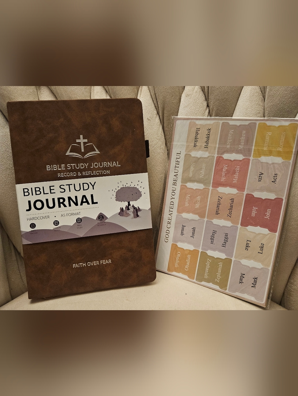 Bible Study Journal - Brown Faux Leather with Faith Design with stickers New